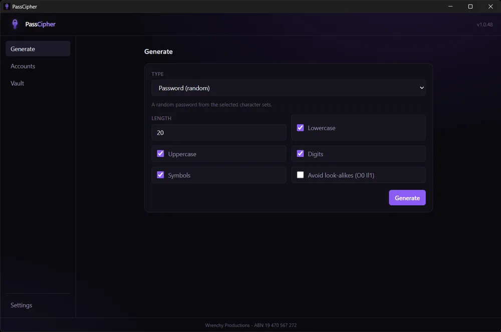 PassCipher with the Vault Purple theme