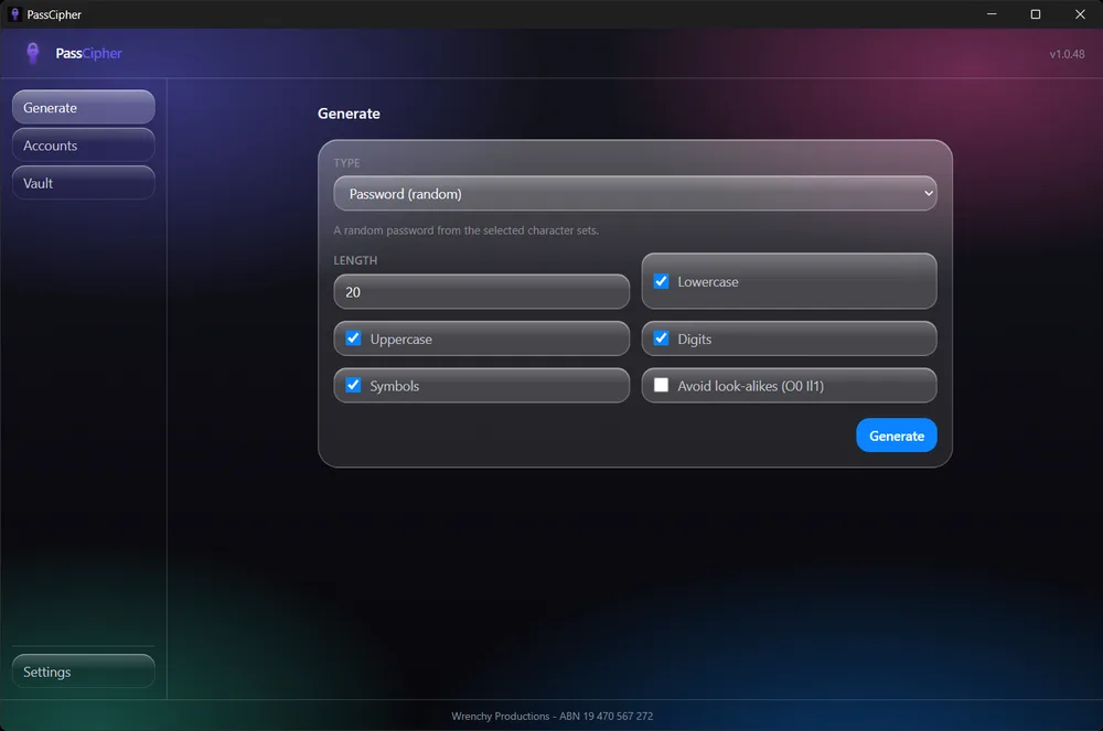 PassCipher with the Liquid Glass theme