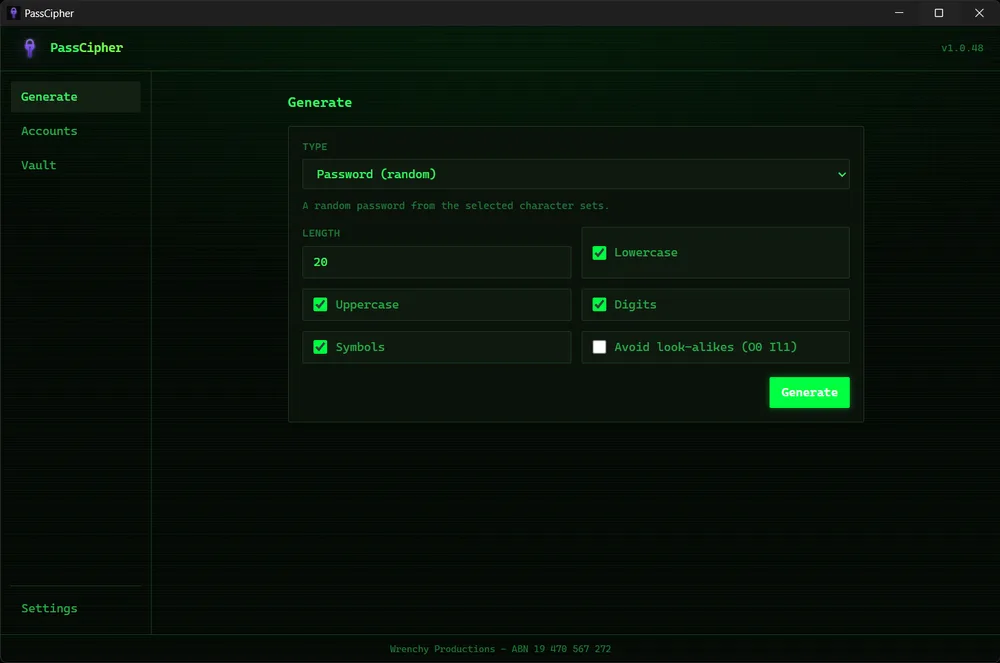 PassCipher with the Hacker Green theme