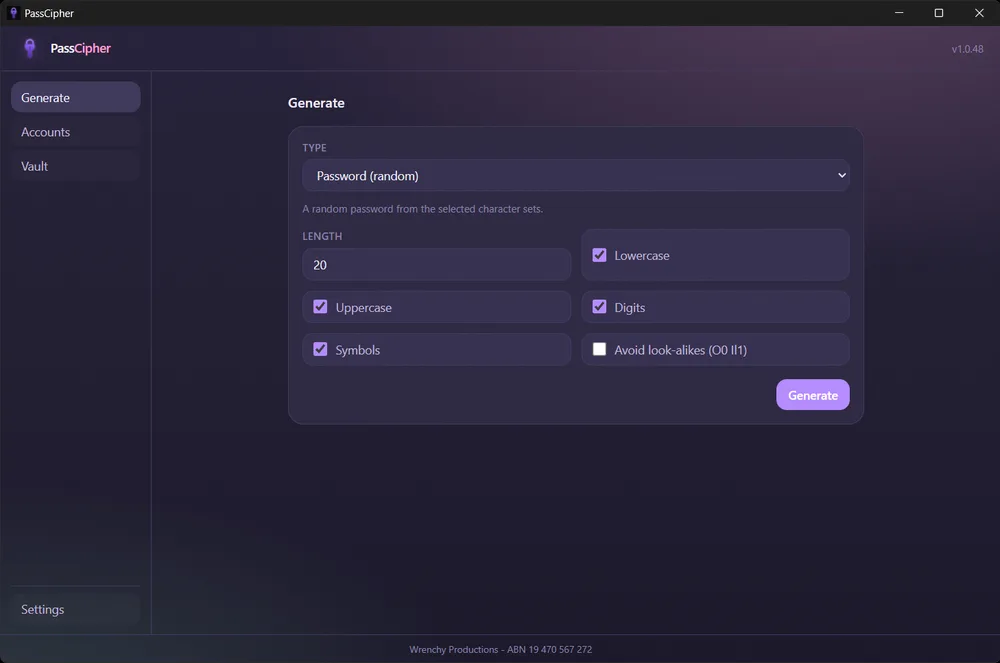 PassCipher with the Pastel theme