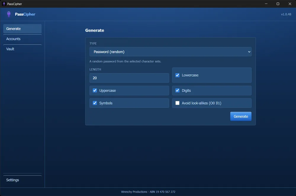 PassCipher with the Windows XP theme